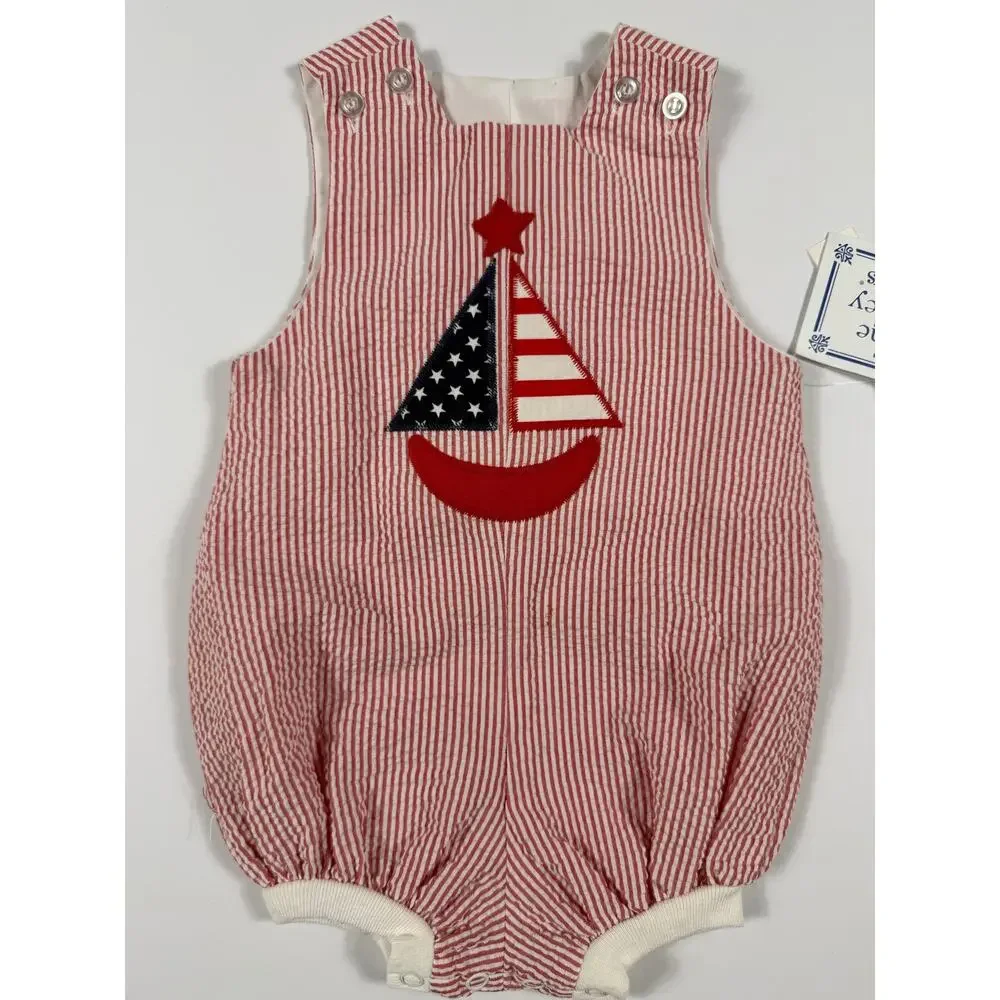 NEW The Bailey Boys USA Boat Seersucker Sailboat Bubble Romper Red 9 Months
